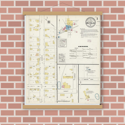 Old map wall art mockup — magnetic wood frame on brick wall — Sanborn Fire Insurance Map from West Salem, Wayne County, Ohio (1915) - Complete Map Set