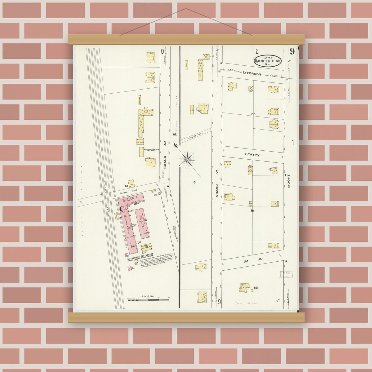 Old map wall art mockup — magnetic wood frame on brick wall — Sanborn Fire Insurance Map from Hackettstown, Warren County, New Jersey (1909), Sheet #0009