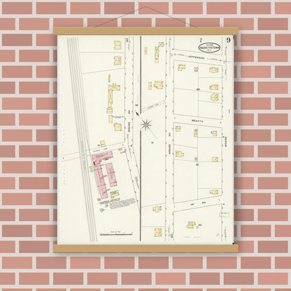 Old map wall art mockup — magnetic wood frame on brick wall — Sanborn Fire Insurance Map from Hackettstown, Warren County, New Jersey (1909), Sheet #0009