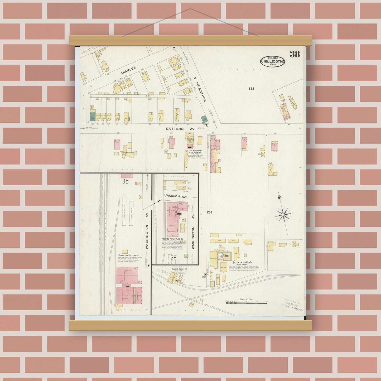 Old map wall art mockup — magnetic wood frame on brick wall — Sanborn Fire Insurance Map from Chillicothe, Ross County, Ohio (1909), Sheet #0038
