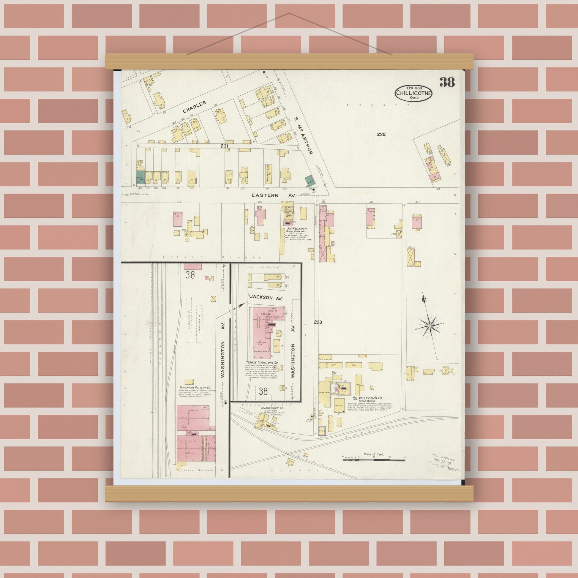 Old map wall art mockup — magnetic wood frame on brick wall — Sanborn Fire Insurance Map from Chillicothe, Ross County, Ohio (1909), Sheet #0038