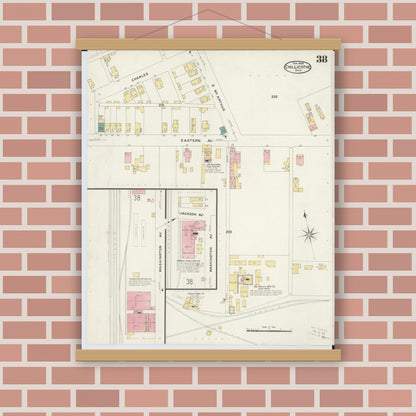 Old map wall art mockup — magnetic wood frame on brick wall — Sanborn Fire Insurance Map from Chillicothe, Ross County, Ohio (1909), Sheet #0038