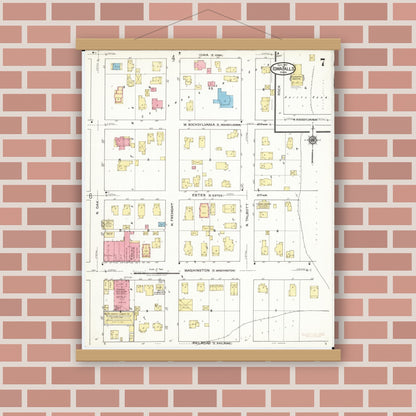 Old map wall art mockup — magnetic wood frame on brick wall — Sanborn Fire Insurance Map from Iowa Falls, Hardin County, Iowa (1917), Sheet #0007