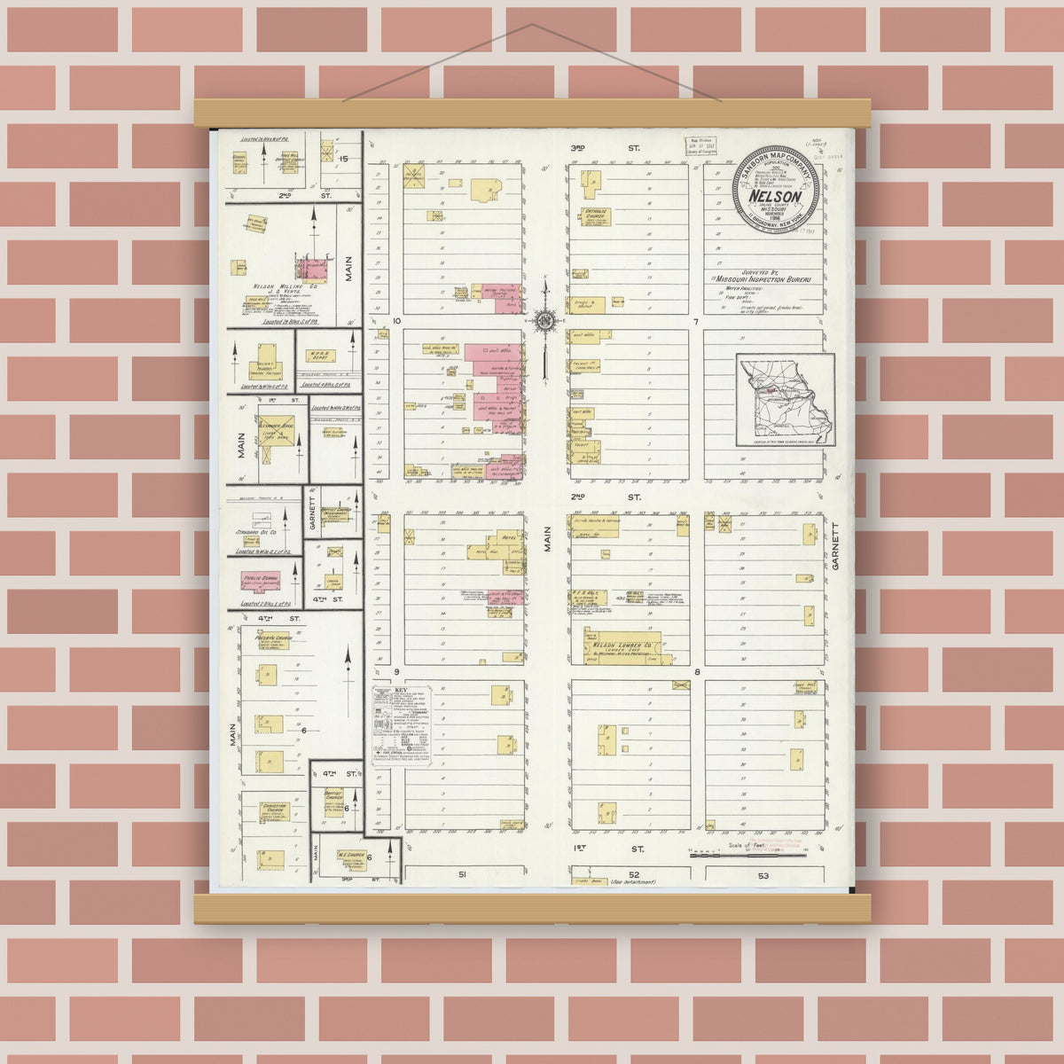 Old map wall art mockup — magnetic wood frame on brick wall — Sanborn Fire Insurance Map from Nelson, Saline County, Missouri (1916), Sheet #0001