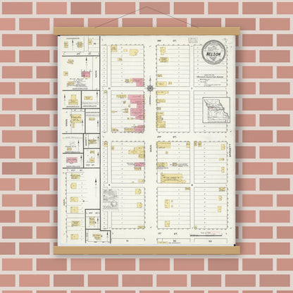 Old map wall art mockup — magnetic wood frame on brick wall — Sanborn Fire Insurance Map from Nelson, Saline County, Missouri (1916), Sheet #0001