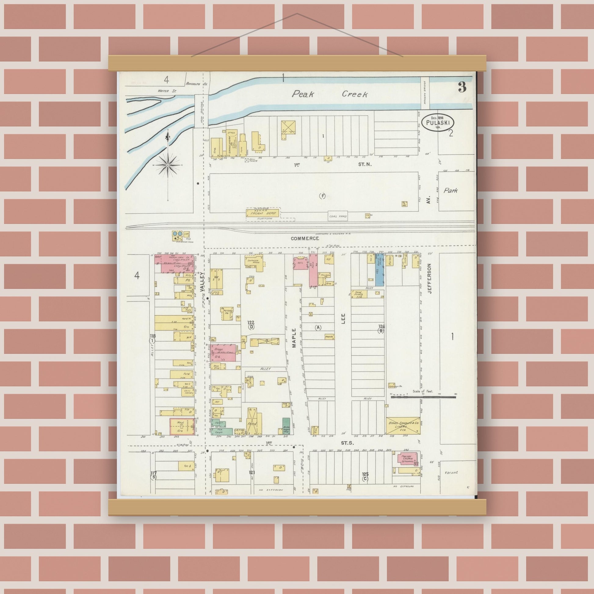 Old map wall art mockup — magnetic wood frame on brick wall — Sanborn Fire Insurance Map from Pulaski, Pulaski County, Virginia (1898), Sheet #0003