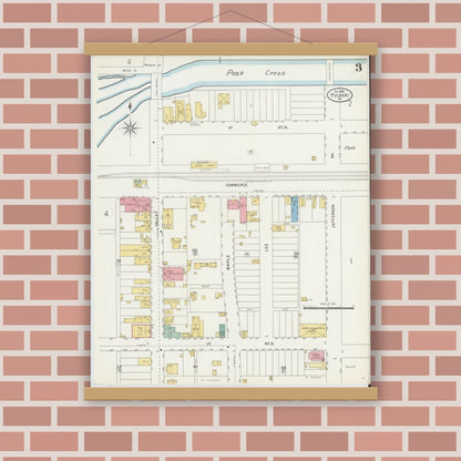 Old map wall art mockup — magnetic wood frame on brick wall — Sanborn Fire Insurance Map from Pulaski, Pulaski County, Virginia (1898), Sheet #0003