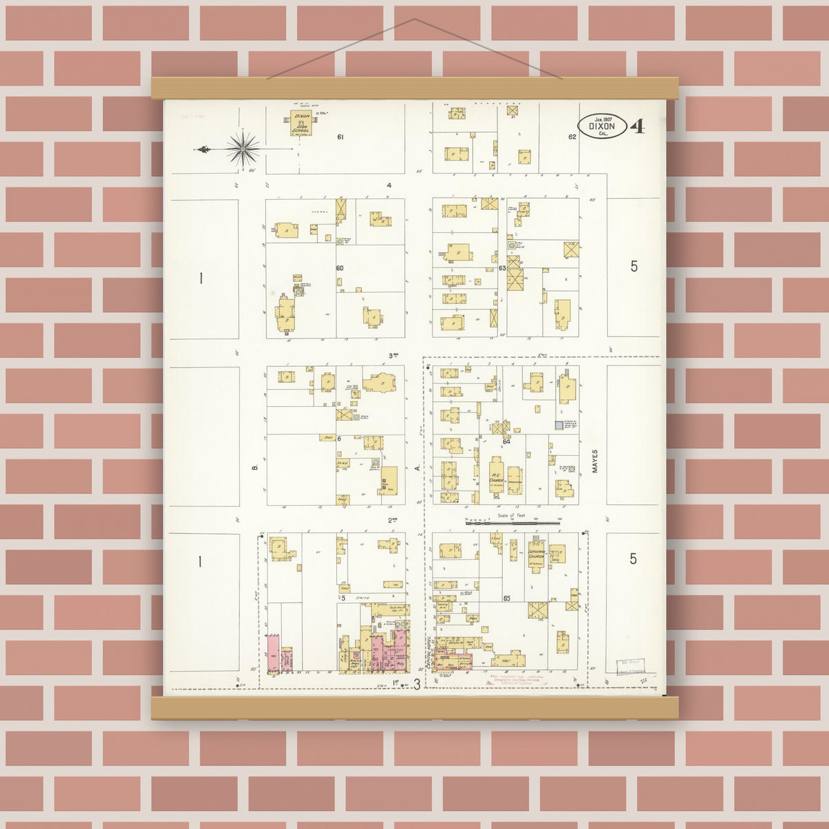 Old map wall art mockup — magnetic wood frame on brick wall — Sanborn Fire Insurance Map from Dixon, Solano County, California (1907), Sheet #0004
