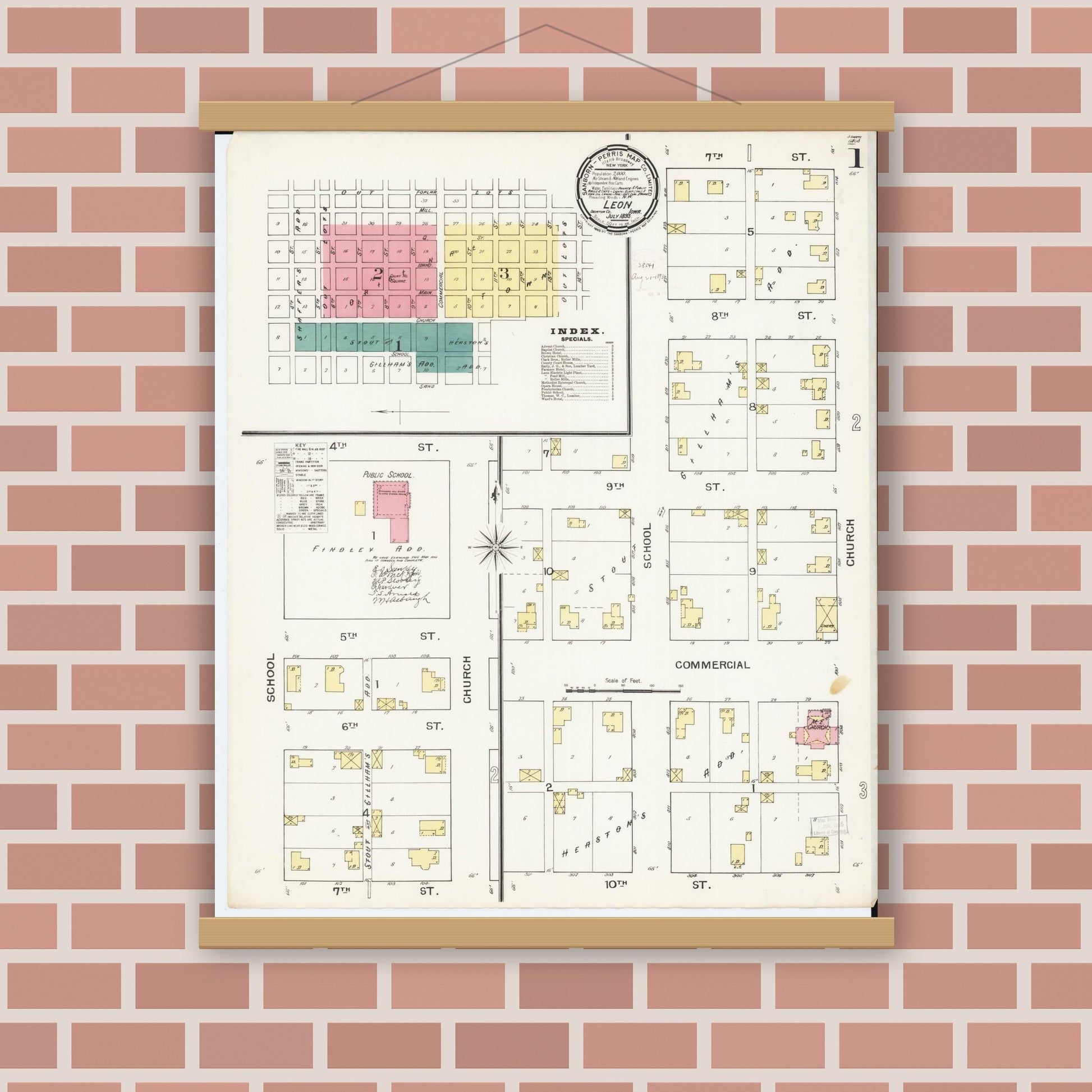 Old map wall art mockup — magnetic wood frame on brick wall — Sanborn Fire Insurance Map from Leon, Decatur County, Iowa (1893) â€” Complete Set