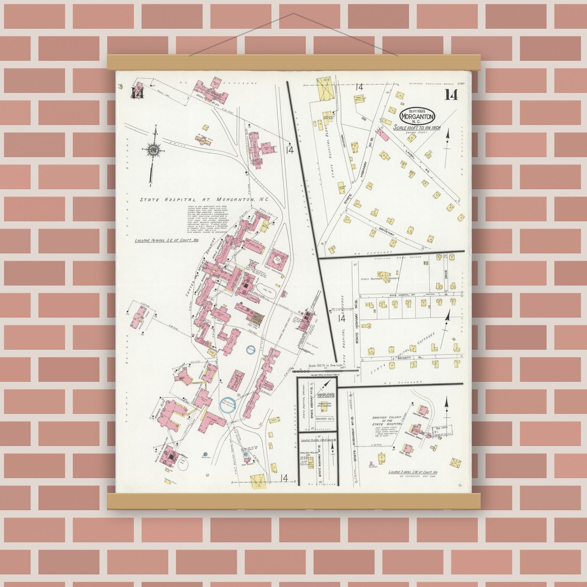 Old map wall art mockup — magnetic wood frame on brick wall — Sanborn Fire Insurance Map from Morganton, Burke County, North Carolina (1924), Sheet #0014