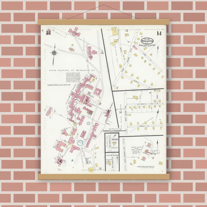 Old map wall art mockup — magnetic wood frame on brick wall — Sanborn Fire Insurance Map from Morganton, Burke County, North Carolina (1924), Sheet #0014