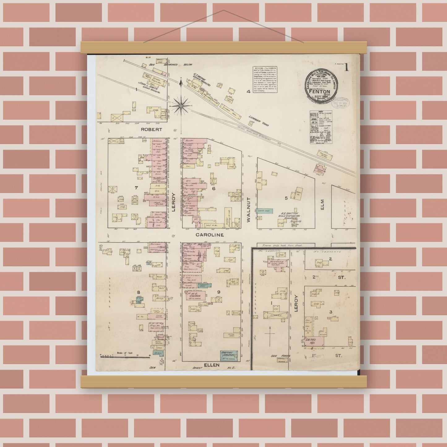 Old map wall art mockup — magnetic wood frame on brick wall — Sanborn Fire Insurance Map from Fenton, Genesee County, Michigan (1884) - Complete Map Set