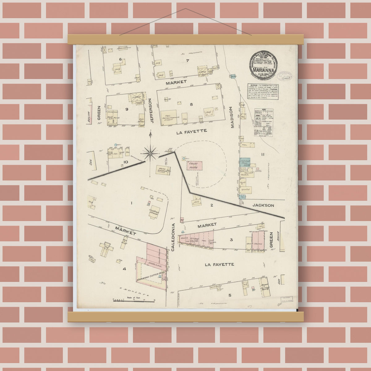 Old map wall art mockup — magnetic wood frame on brick wall — Sanborn Fire Insurance Map from Marianna, Jackson County, Florida (1884), Sheet #0001