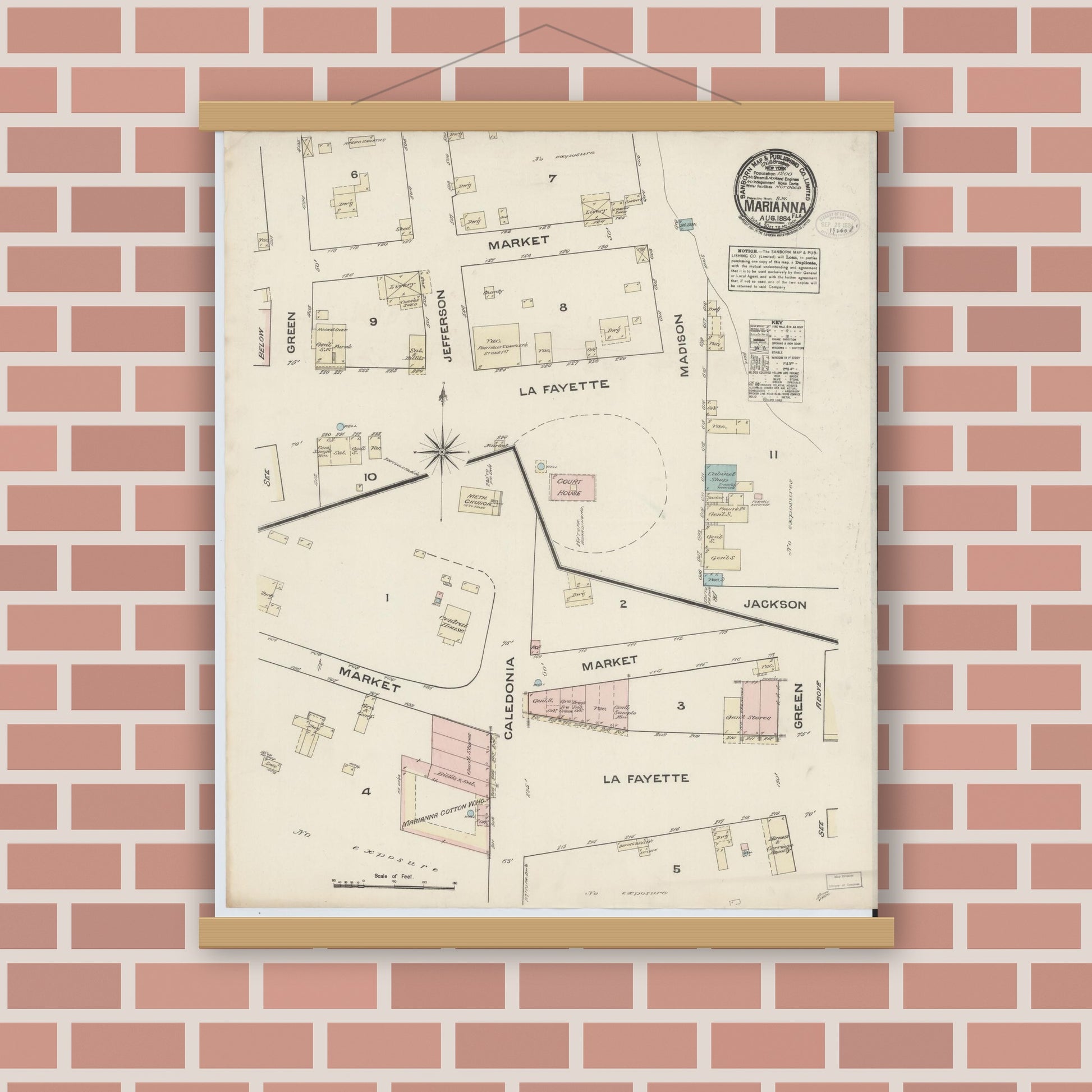 Old map wall art mockup — magnetic wood frame on brick wall — Sanborn Fire Insurance Map from Marianna, Jackson County, Florida (1884), Sheet #0001