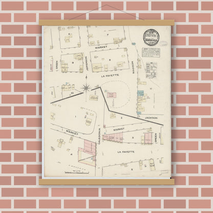 Old map wall art mockup — magnetic wood frame on brick wall — Sanborn Fire Insurance Map from Marianna, Jackson County, Florida (1884), Sheet #0001