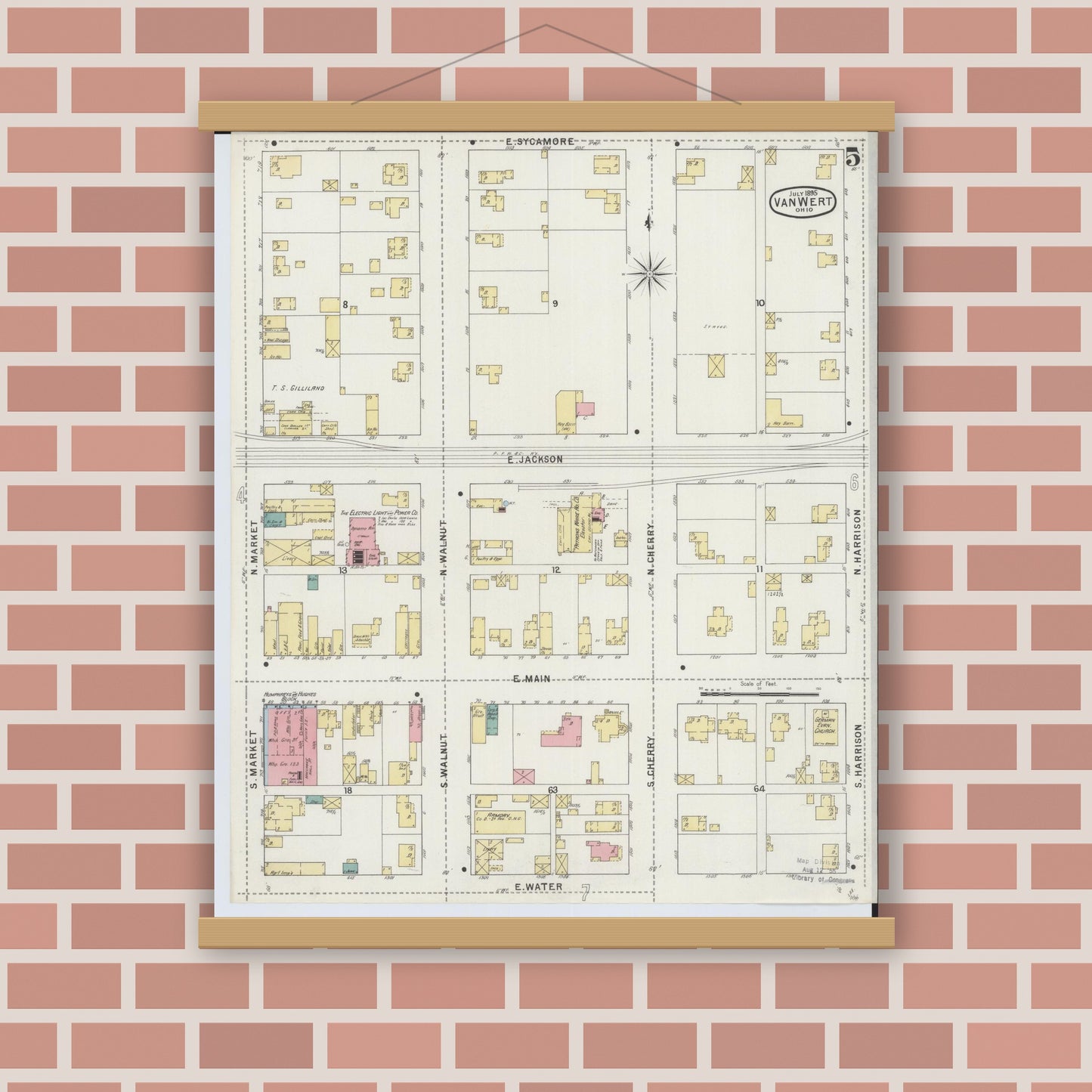 Old map wall art mockup — magnetic wood frame on brick wall — Sanborn Fire Insurance Map from Van Wert, Van Wert County, Ohio (1895), Sheet #0005