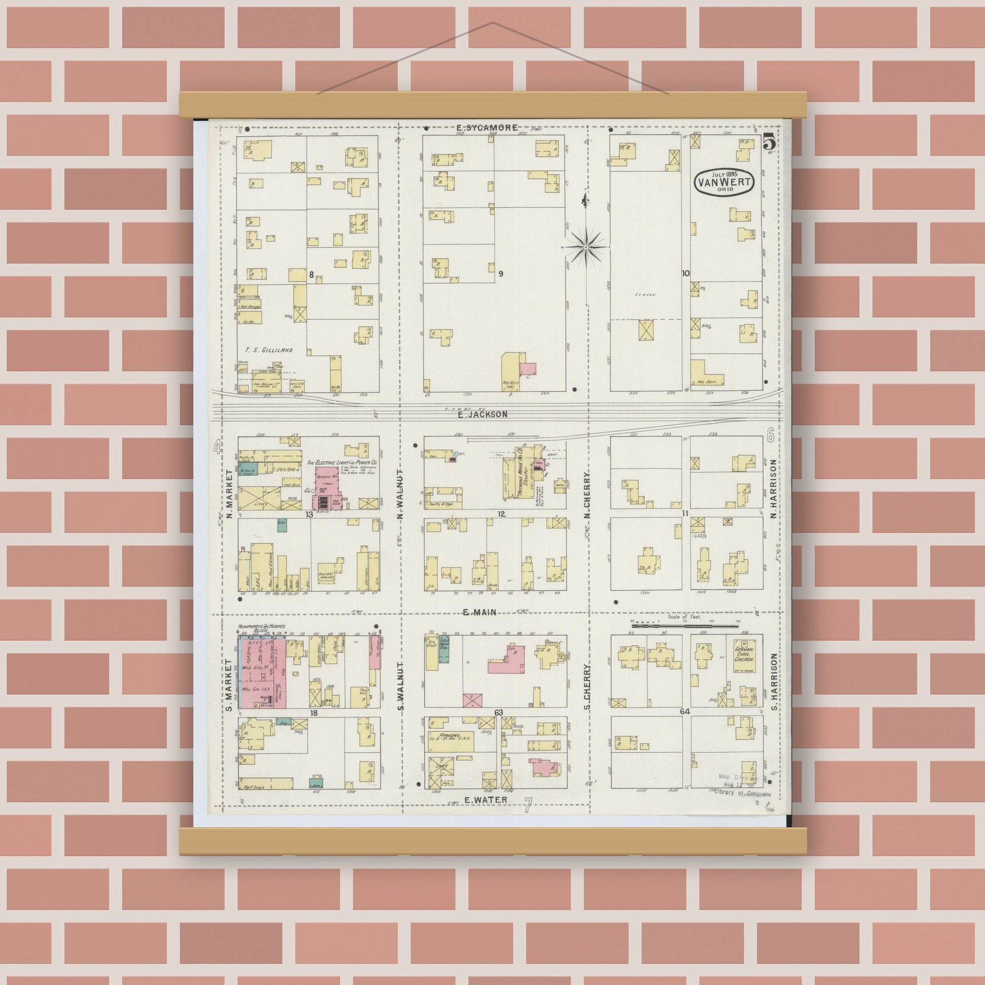Old map wall art mockup — magnetic wood frame on brick wall — Sanborn Fire Insurance Map from Van Wert, Van Wert County, Ohio (1895), Sheet #0005