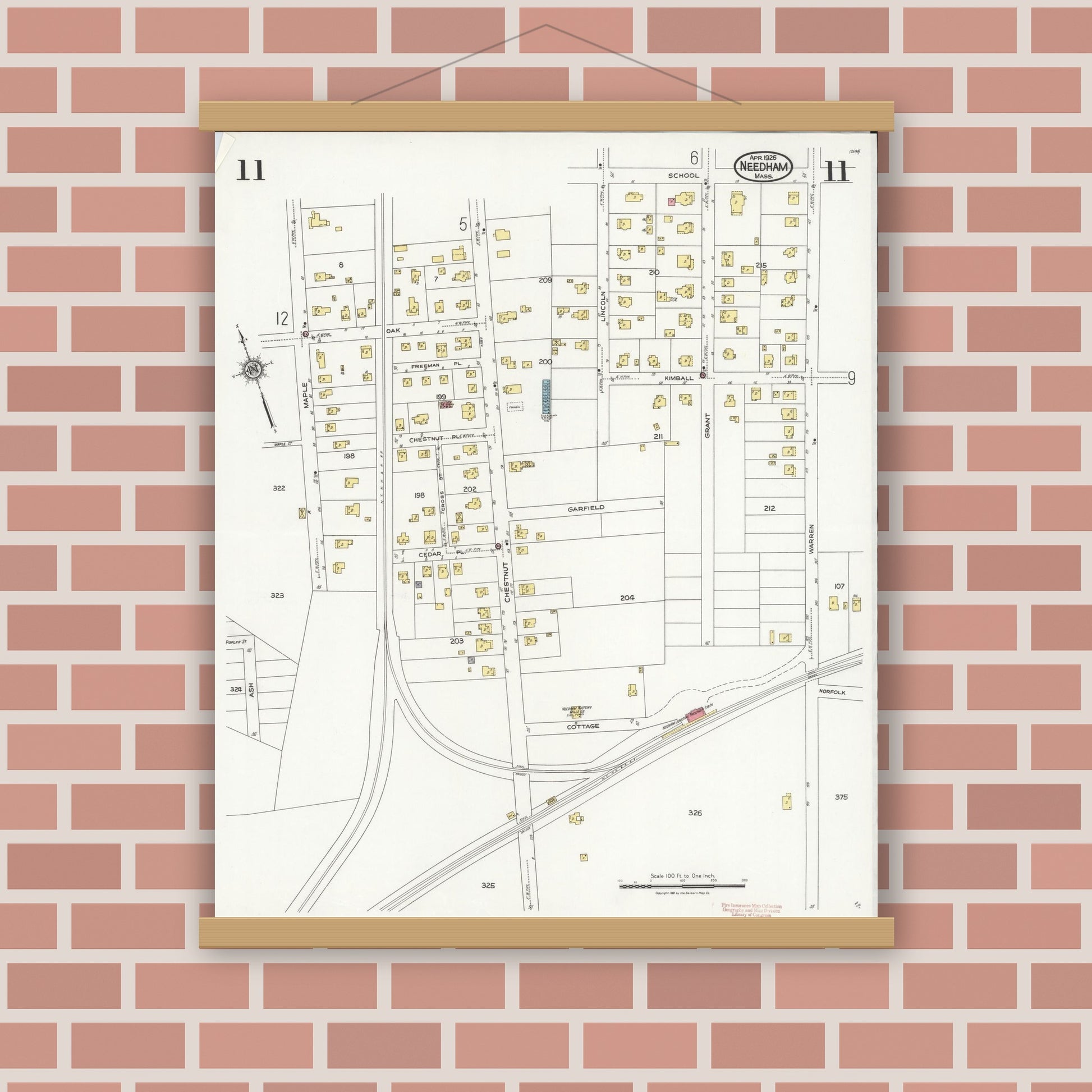 Old map wall art mockup — magnetic wood frame on brick wall — Sanborn Fire Insurance Map from Needham, Norfolk County, Massachusetts (1926), Sheet #0011