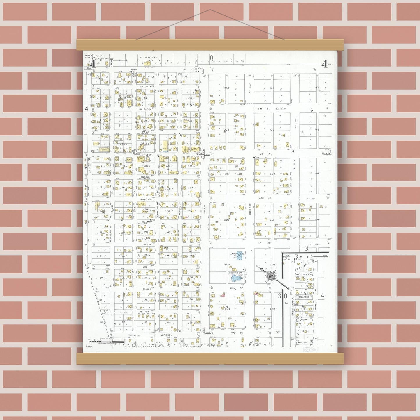 Old map wall art mockup — magnetic wood frame on brick wall — Sanborn Fire Insurance Map from Asherton, Dimmit County, Texas (1951), Sheet #0004