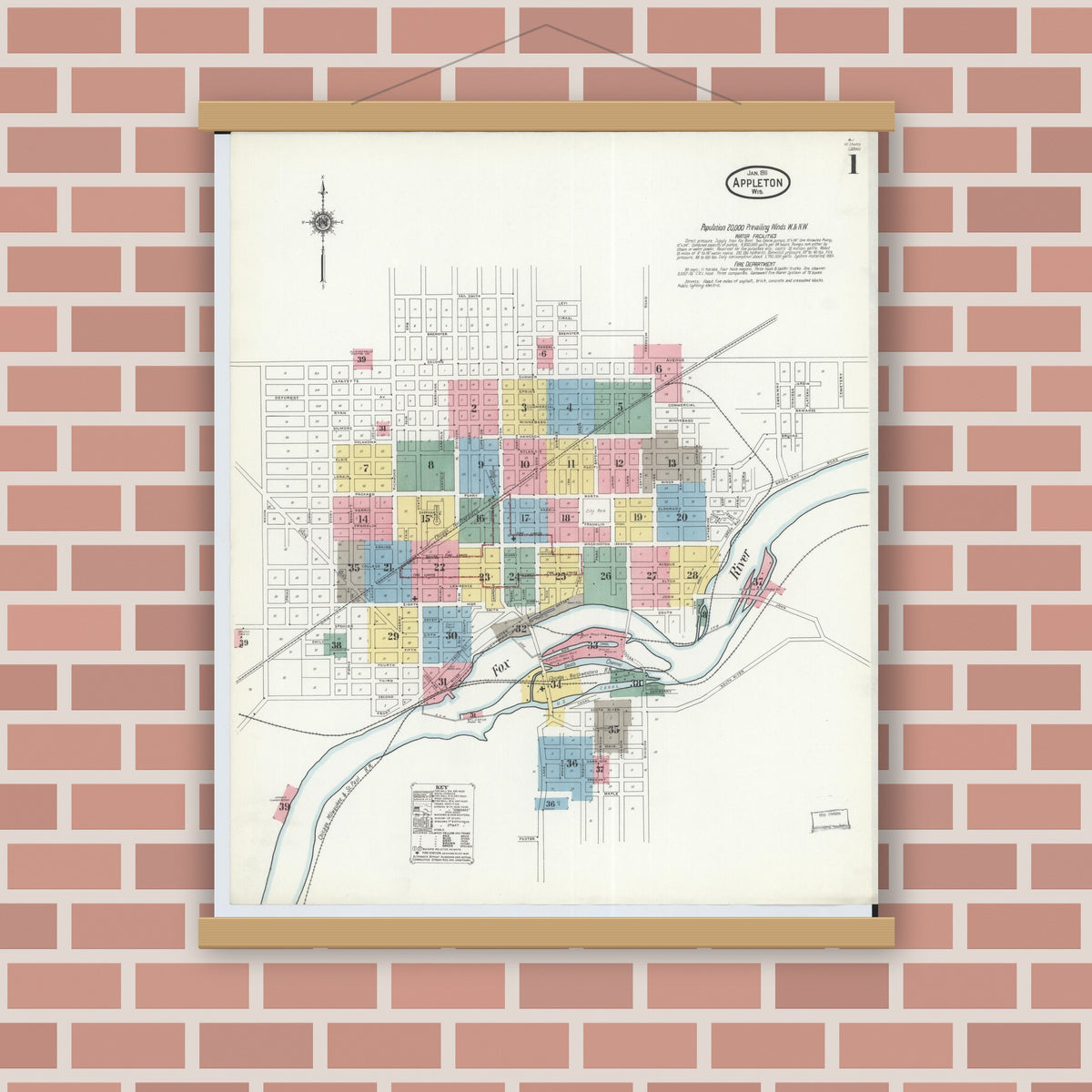 Old map wall art mockup — magnetic wood frame on brick wall — Sanborn Fire Insurance Map from Appleton, Outagamie County, Wisconsin (1911) - Complete Map Set