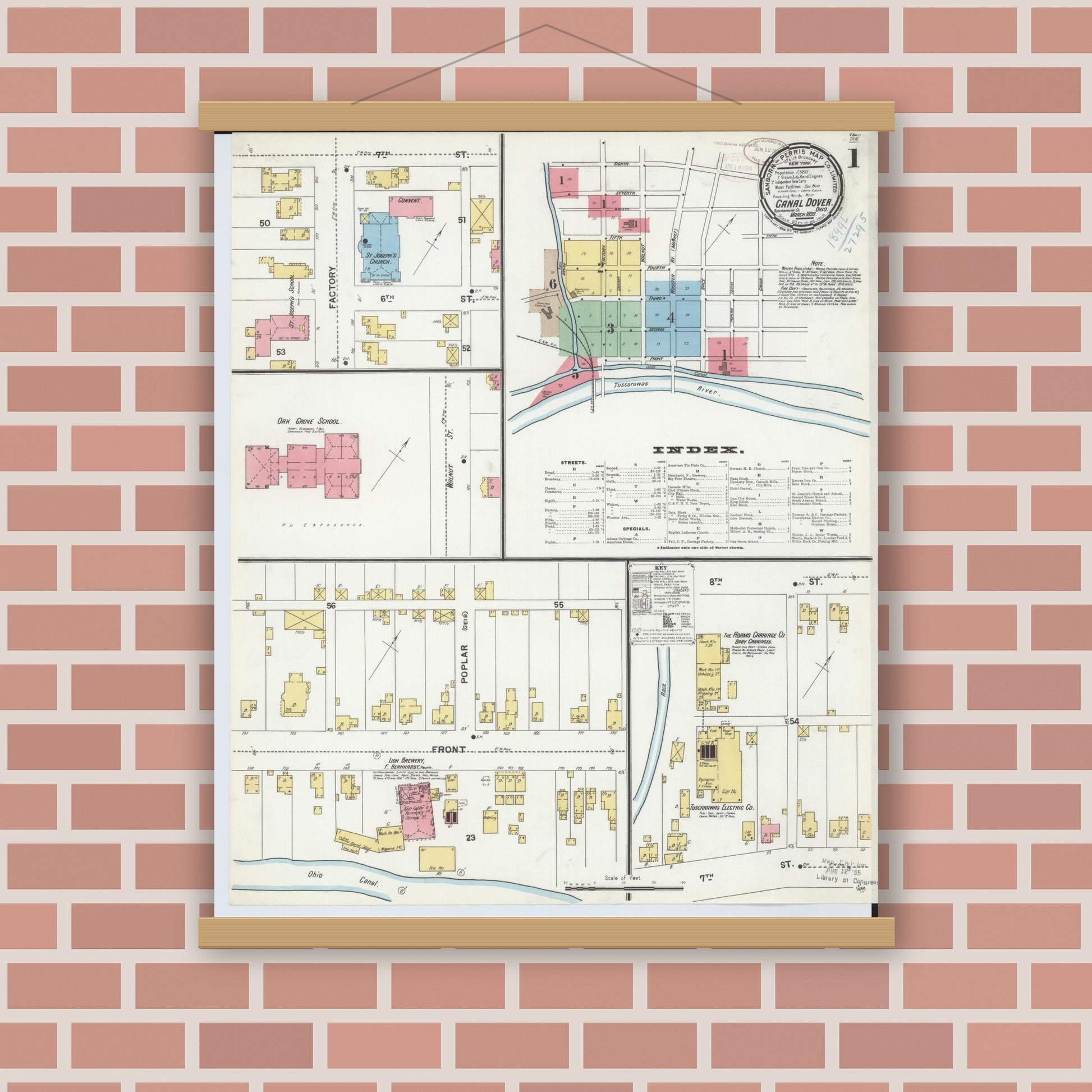 Old map wall art mockup — magnetic wood frame on brick wall — Sanborn Fire Insurance Map from Canal Dover, Tuscarawas County, Ohio (1899), Sheet #0001