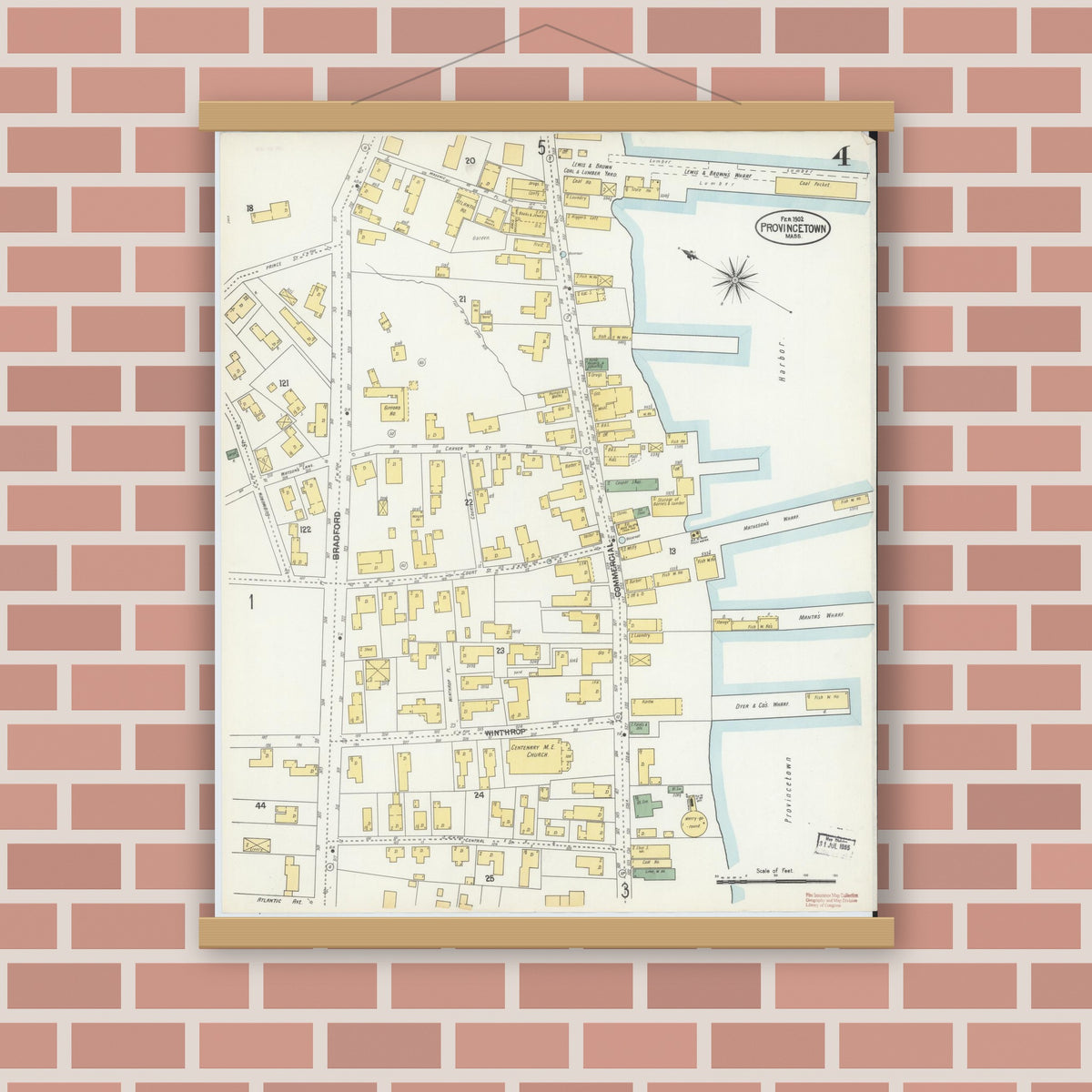 Old map wall art mockup — magnetic wood frame on brick wall — Sanborn Fire Insurance Map from Provincetown, Barnstable County, Massachusetts (1902), Sheet #0004