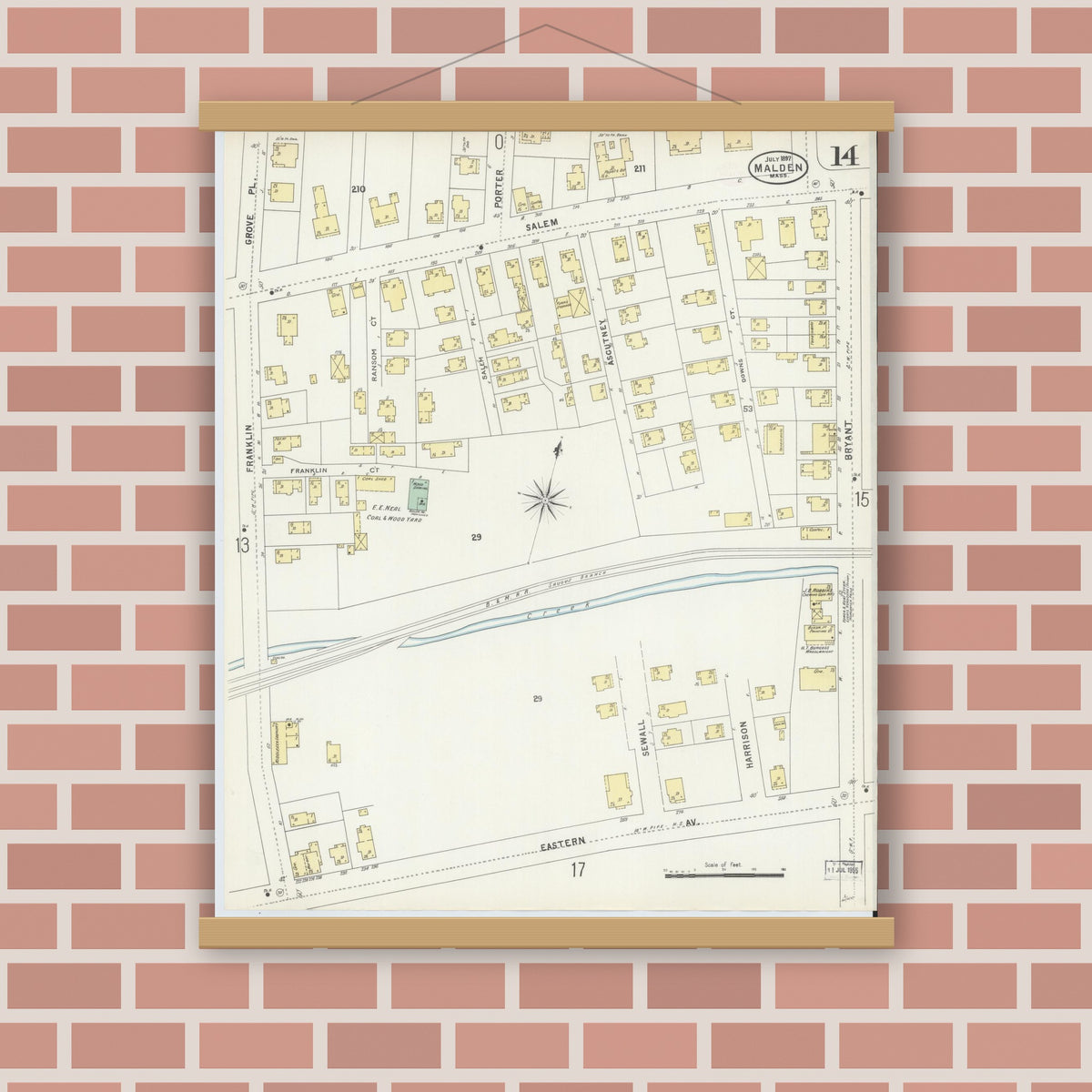 Old map wall art mockup — magnetic wood frame on brick wall — Sanborn Fire Insurance Map from Malden, Middlesex County, Massachusetts (1897), Sheet #0014