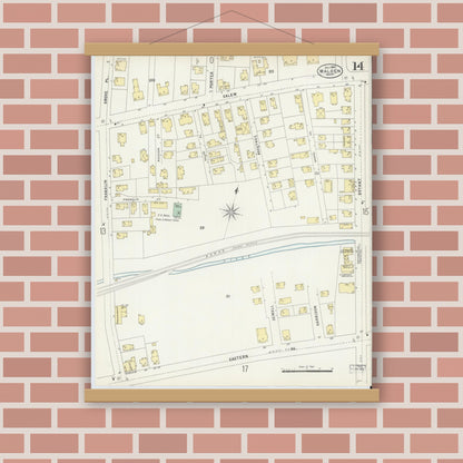 Old map wall art mockup — magnetic wood frame on brick wall — Sanborn Fire Insurance Map from Malden, Middlesex County, Massachusetts (1897), Sheet #0014
