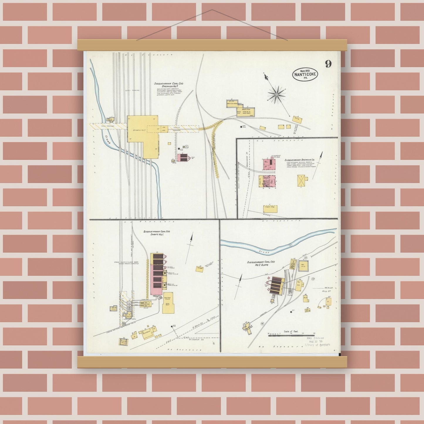 Old map wall art mockup — magnetic wood frame on brick wall — Sanborn Fire Insurance Map from Nanticoke, Luzerne County, Pennsylvania (1903), Sheet #0009