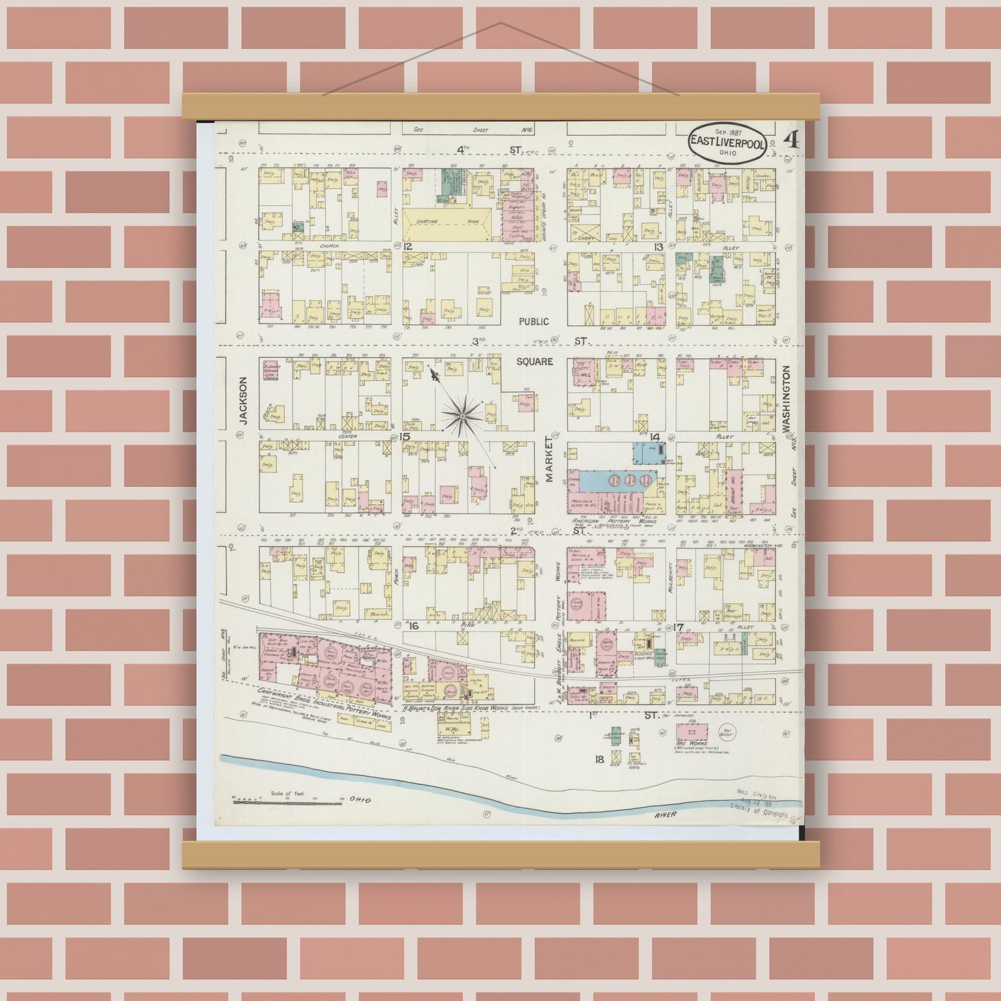 Old map wall art mockup — magnetic wood frame on brick wall — Sanborn Fire Insurance Map from East Liverpool, Columbiana County, Ohio (1887), Sheet #0004