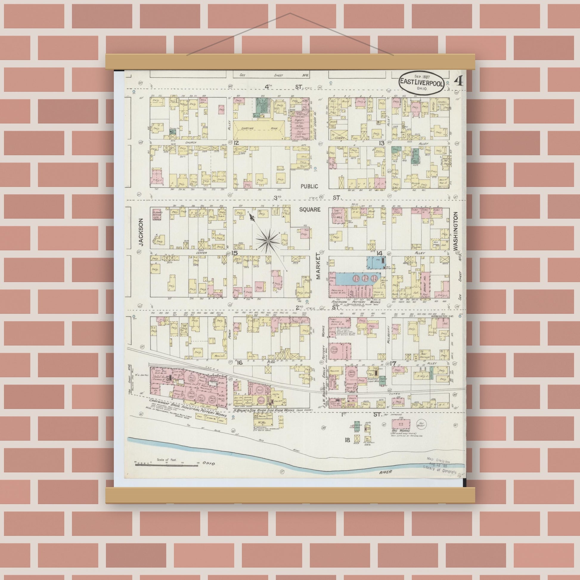 Old map wall art mockup — magnetic wood frame on brick wall — Sanborn Fire Insurance Map from East Liverpool, Columbiana County, Ohio (1887), Sheet #0004