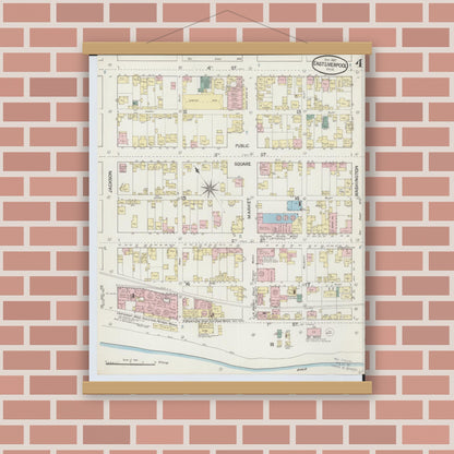 Old map wall art mockup — magnetic wood frame on brick wall — Sanborn Fire Insurance Map from East Liverpool, Columbiana County, Ohio (1887), Sheet #0004