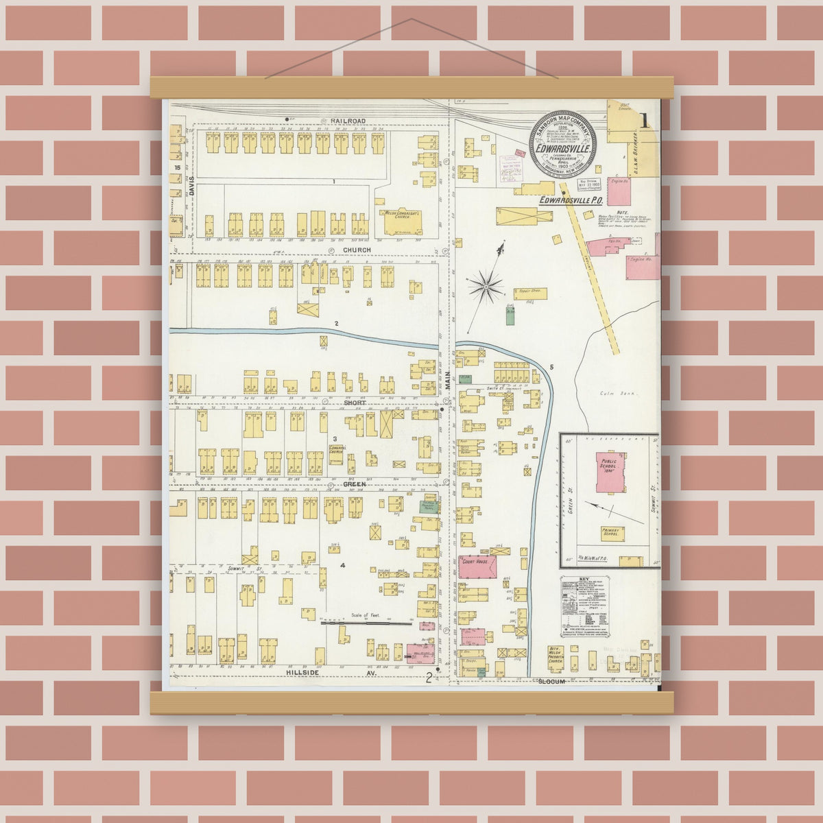 Old map wall art mockup — magnetic wood frame on brick wall — Sanborn Fire Insurance Map from Edwardsville, Luzerne County, Pennsylvania (1903) - Complete Map Set