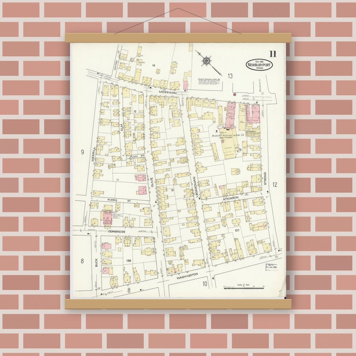 Old map wall art mockup — magnetic wood frame on brick wall — Sanborn Fire Insurance Map from Newburyport, Essex County, Massachusetts (1914), Sheet #0011