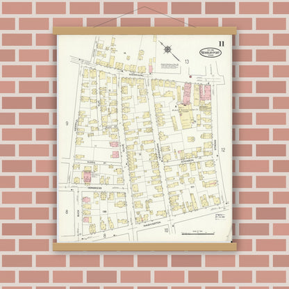 Old map wall art mockup — magnetic wood frame on brick wall — Sanborn Fire Insurance Map from Newburyport, Essex County, Massachusetts (1914), Sheet #0011
