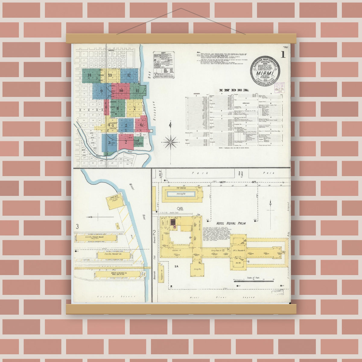 Old map wall art mockup — magnetic wood frame on brick wall — Sanborn Fire Insurance Map from Miami, Dade County, Florida (1906), Sheet #0001