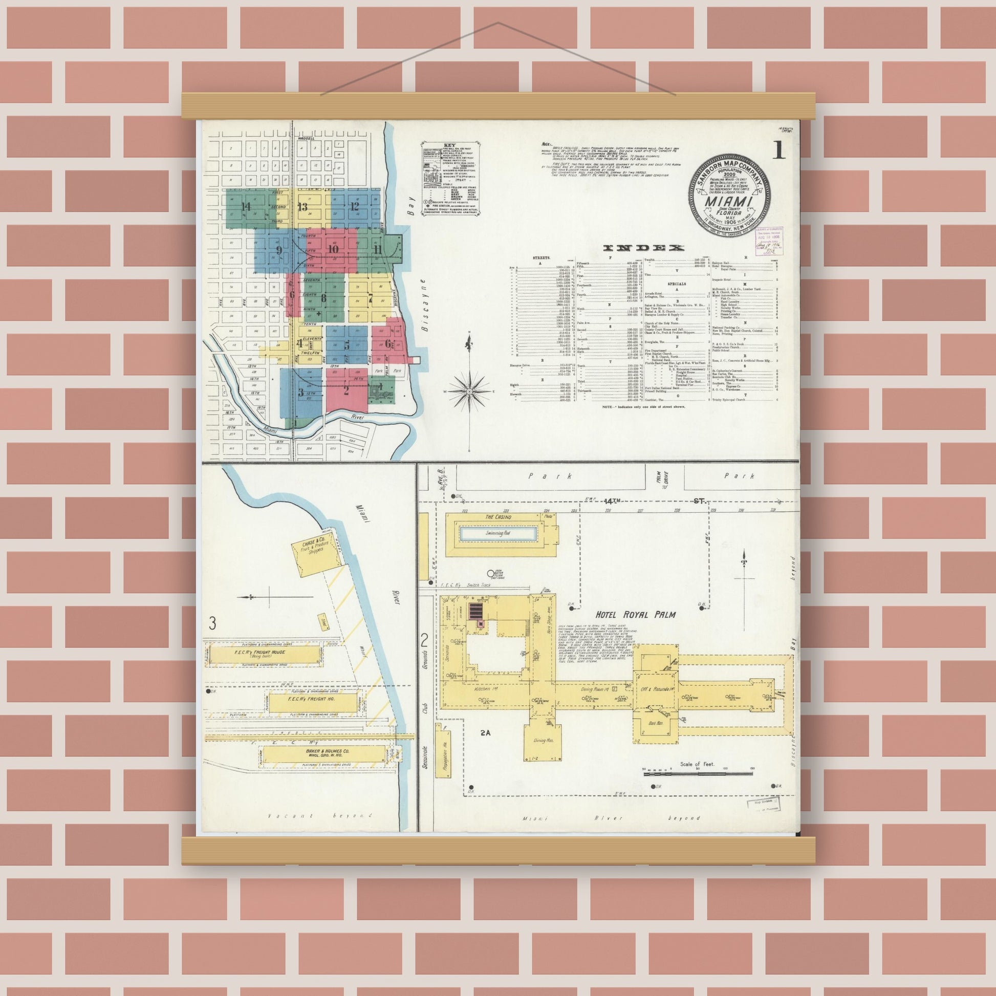 Old map wall art mockup — magnetic wood frame on brick wall — Sanborn Fire Insurance Map from Miami, Dade County, Florida (1906), Sheet #0001