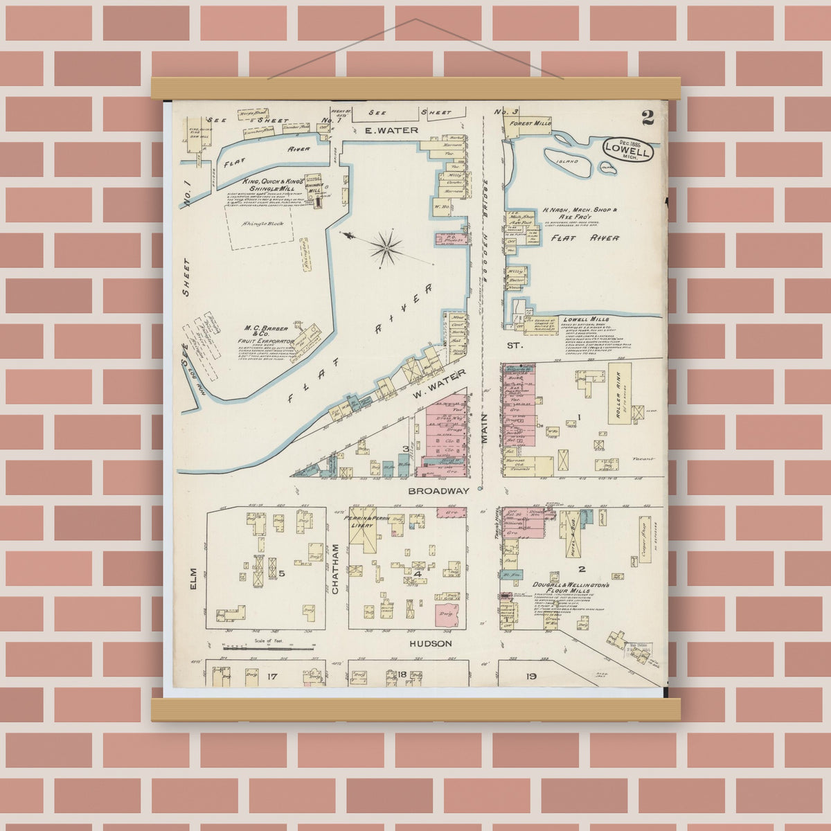 Old map wall art mockup — magnetic wood frame on brick wall — Sanborn Fire Insurance Map from Lowell, Kent County, Michigan (1885), Sheet #0002
