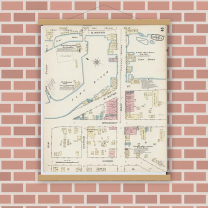 Old map wall art mockup — magnetic wood frame on brick wall — Sanborn Fire Insurance Map from Lowell, Kent County, Michigan (1885), Sheet #0002