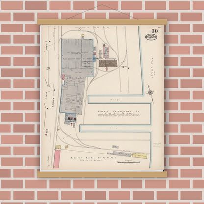 Old map wall art mockup — magnetic wood frame on brick wall — Sanborn Fire Insurance Map from Wyandotte, Wayne County, Michigan (1922), Sheet #0030