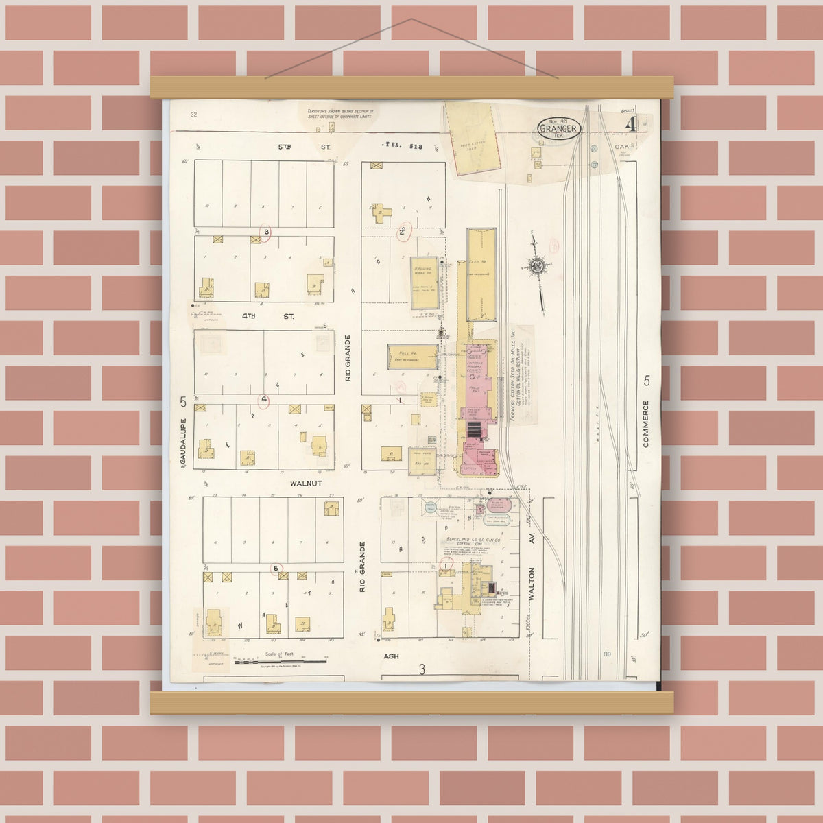 Old map wall art mockup — magnetic wood frame on brick wall — Sanborn Fire Insurance Map from Granger, Williamson County, Texas (1940), Sheet #0004