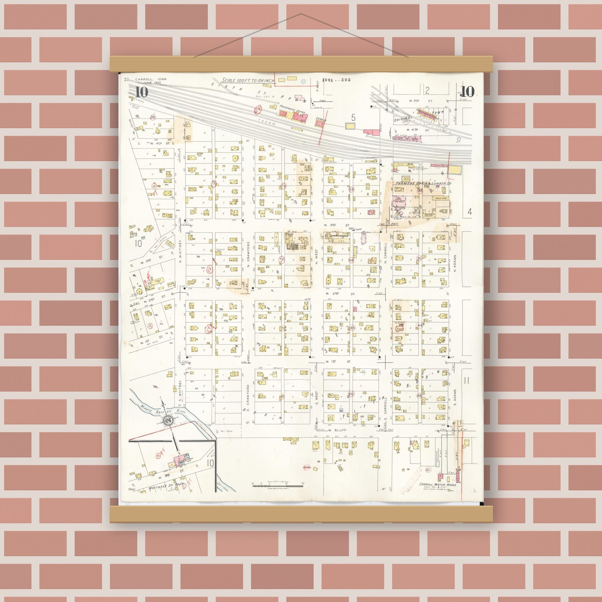 Old map wall art mockup — magnetic wood frame on brick wall — Sanborn Fire Insurance Map from Carroll, Carroll County, Iowa (1948), Sheet #0010
