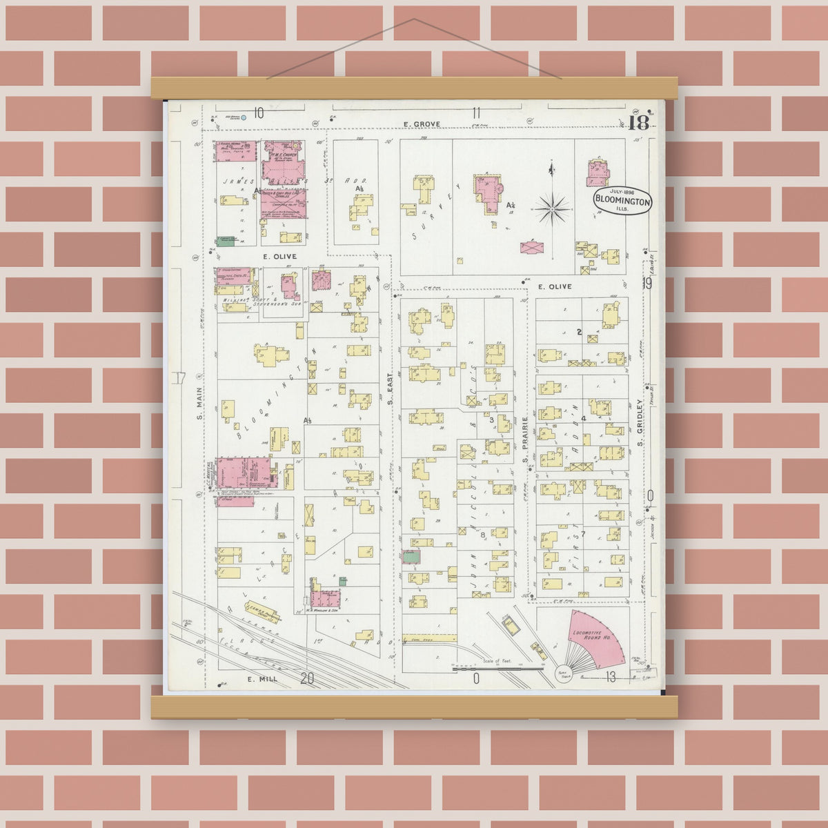 Old map wall art mockup — magnetic wood frame on brick wall — Sanborn Fire Insurance Map from Bloomington, McLean County, Illinois (1896), Sheet #0018