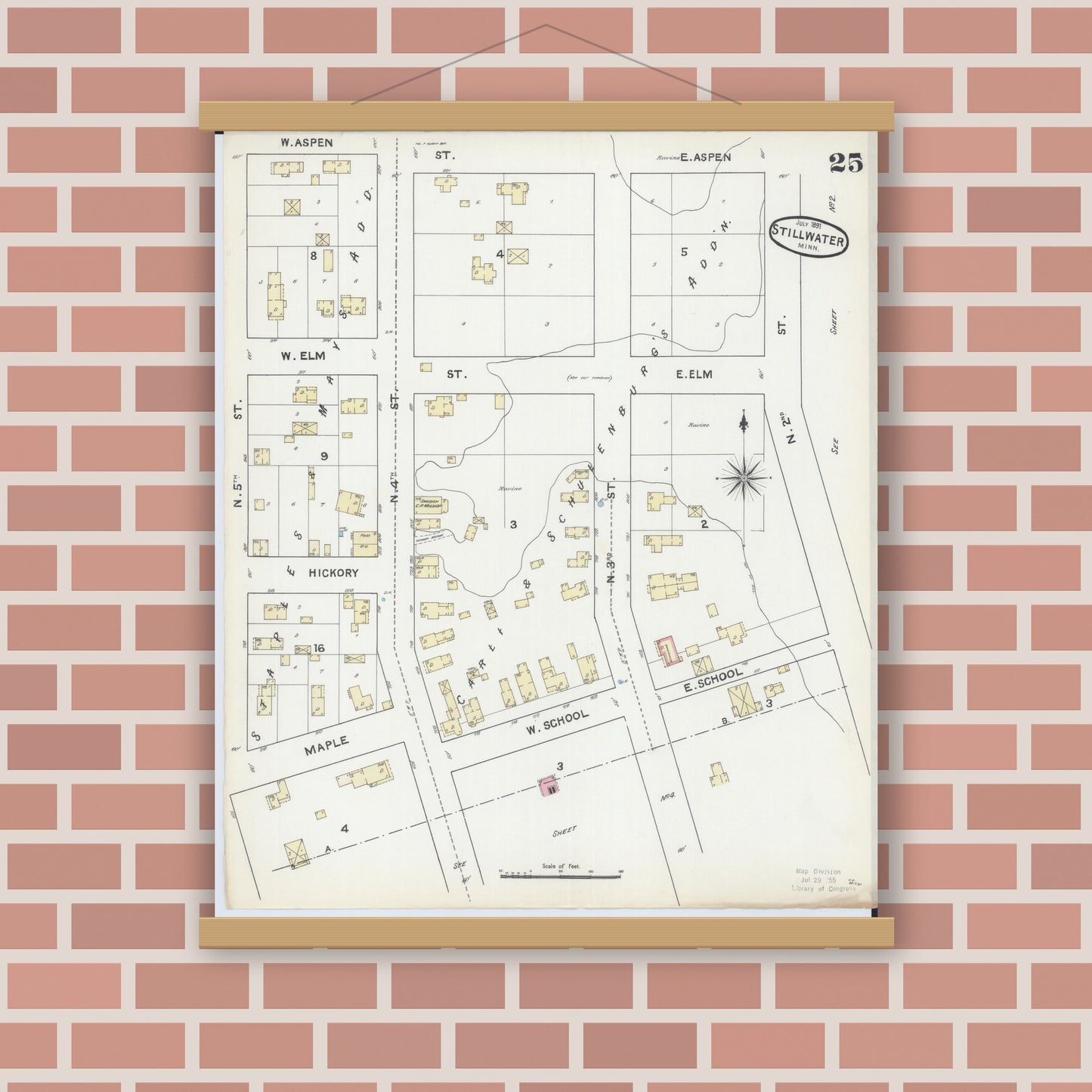 Old map wall art mockup — magnetic wood frame on brick wall — Sanborn Fire Insurance Map from Stillwater, Washington County, Minnesota (1891), Sheet #0025