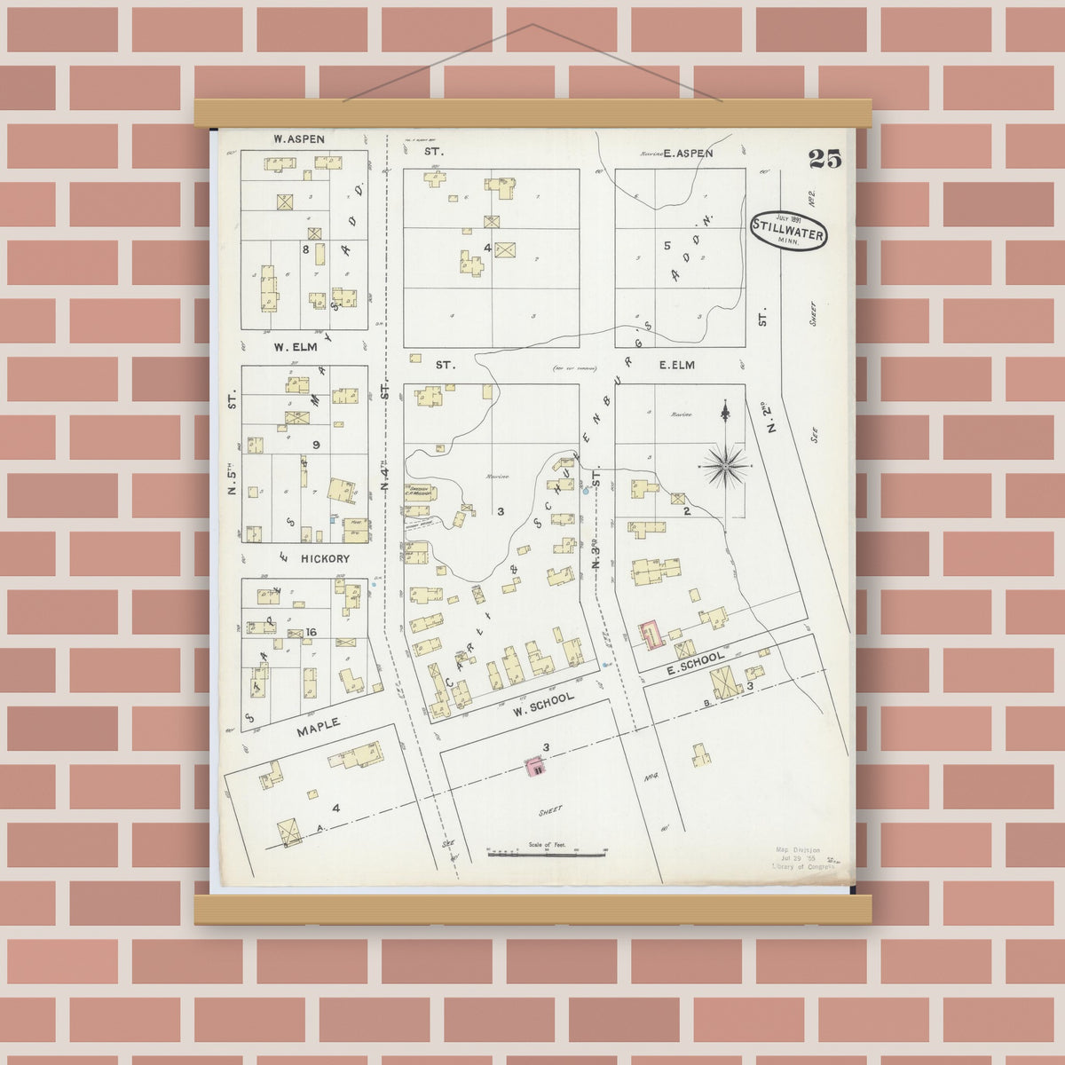 Old map wall art mockup — magnetic wood frame on brick wall — Sanborn Fire Insurance Map from Stillwater, Washington County, Minnesota (1891), Sheet #0025