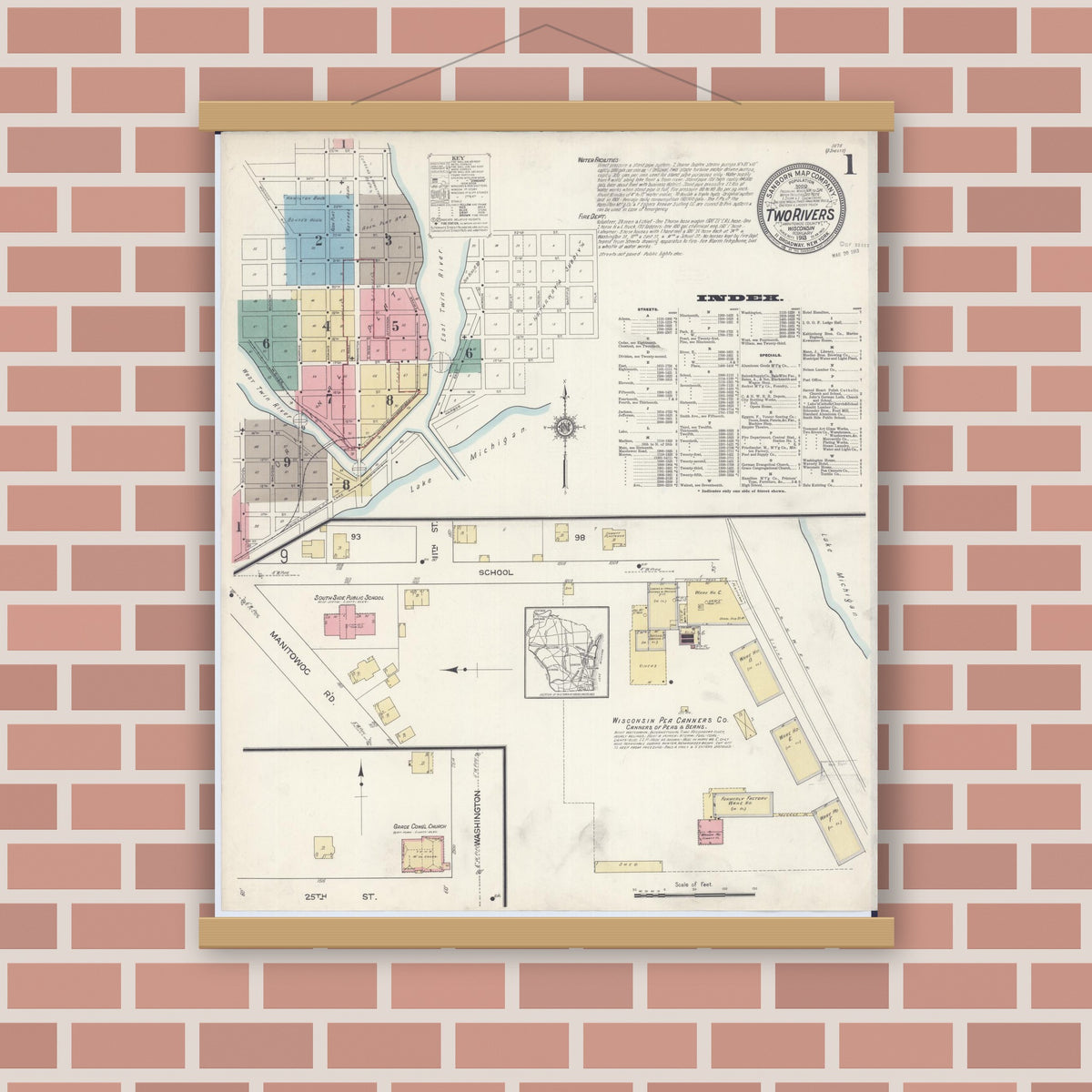 Old map wall art mockup — magnetic wood frame on brick wall — Sanborn Fire Insurance Map from Two Rivers, Manitowoc County, Wisconsin (1913) - Complete Map Set