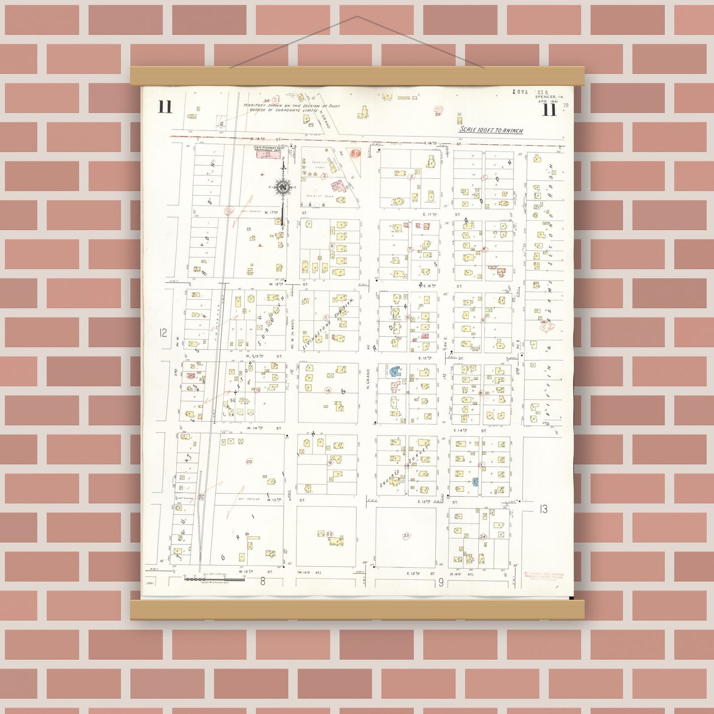 Old map wall art mockup — magnetic wood frame on brick wall — Sanborn Fire Insurance Map from Spencer, Clay County, Iowa (1946), Sheet #0011