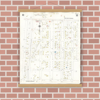Old map wall art mockup — magnetic wood frame on brick wall — Sanborn Fire Insurance Map from Spencer, Clay County, Iowa (1946), Sheet #0011