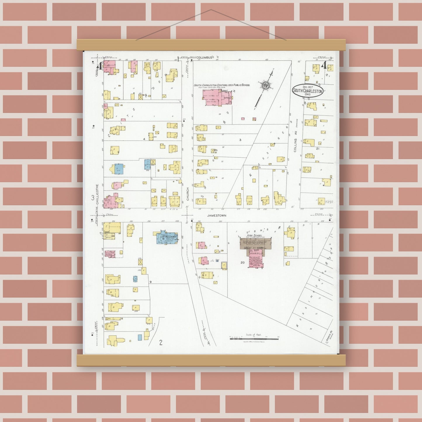 Old map wall art mockup — magnetic wood frame on brick wall — Sanborn Fire Insurance Map from South Charleston, Clark County, Ohio (1927), Sheet #0004