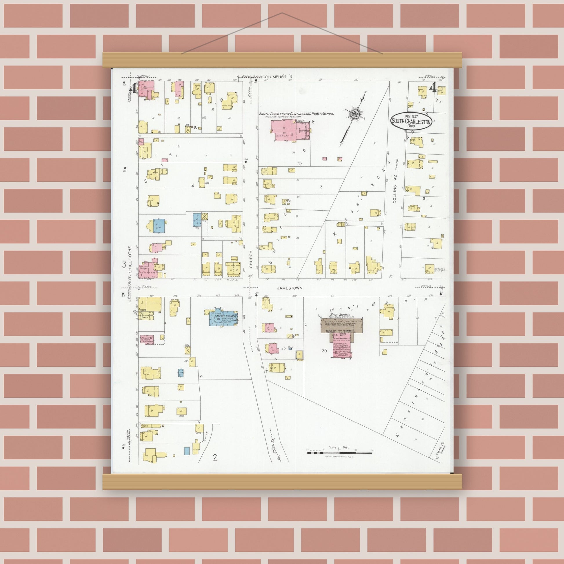 Old map wall art mockup — magnetic wood frame on brick wall — Sanborn Fire Insurance Map from South Charleston, Clark County, Ohio (1927), Sheet #0004